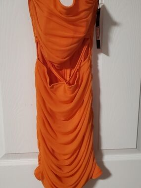 Fashion Nova Orange Strapless Draped Midi Dress